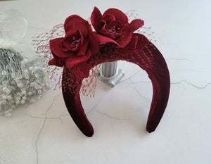 Burgundy Wind Red Flower  Halo Crown Fascinator, Velvet Tall Headband, 6.5 cms Wide
