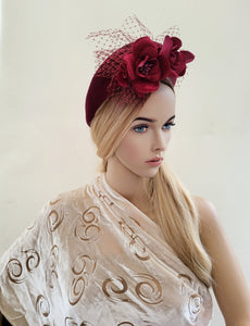 Burgundy Wind Red Flower  Halo Crown Fascinator, Velvet Tall Headband, 6.5 cms Wide