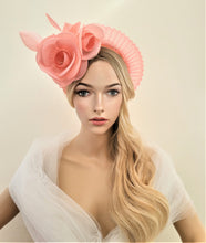 Load image into Gallery viewer, Coral Orange Fascinator Headband, Peachy Pink Silk Rose Flower, Halo Crown Headpiece, Ascot hat