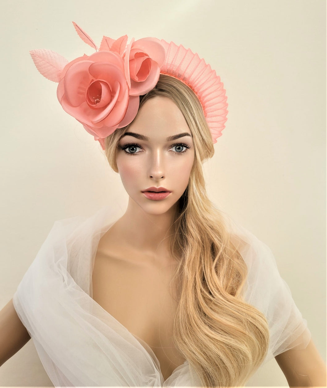 Coral Orange Fascinator Headband, Peachy Pink Silk Rose Flower, Halo Crown Headpiece, Ascot hat