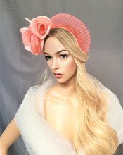 Load image into Gallery viewer, Coral Orange Fascinator Headband, Peachy Pink Silk Rose Flower, Halo Crown Headpiece, Ascot hat