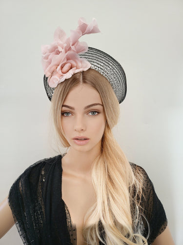 Black Fascinator Headband, Blush Pink Silk Rose Flower, Halo Crown Headpiece, Ascot