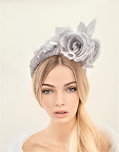 Load image into Gallery viewer, Silver Grey Flower Head Piece, Fascinator, on a Chiffon Wrapped padded headband with silk roses Wedding Races, Ascot
