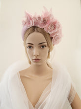 Load image into Gallery viewer, Pink Flower Crown Fascinator, Satin Padded headband, Halo, Wedding Headpiece, Kentucky Derby, Style 7 cms Wide, Ascot