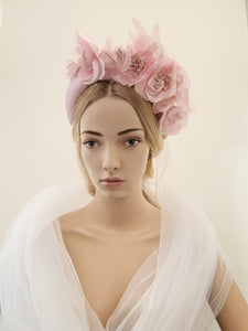 Pink Flower Crown Fascinator, Satin Padded headband, Halo, Wedding Headpiece, Kentucky Derby, Style 7 cms Wide, Ascot