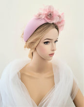 Load image into Gallery viewer, Pink Flower Crown Fascinator, Satin Padded headband, Halo, Wedding Headpiece, Kentucky Derby, Style 7 cms Wide, Ascot