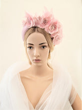 Load image into Gallery viewer, Pink Flower Crown Fascinator, Satin Padded headband, Halo, Wedding Headpiece, Kentucky Derby, Style 7 cms Wide, Ascot