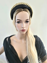 Load image into Gallery viewer, Black Velvet Halo Crown Headband, Gold Chain Fascinator, 8 cms Wide