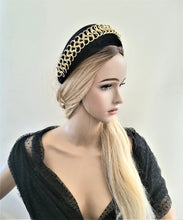 Load image into Gallery viewer, Black Velvet Halo Crown Headband, Gold Chain Fascinator, 8 cms Wide