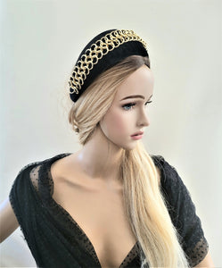 Black Velvet Halo Crown Headband, Gold Chain Fascinator, 8 cms Wide