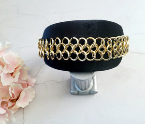 Black Velvet Halo Crown Headband, Gold Chain Fascinator, 8 cms Wide
