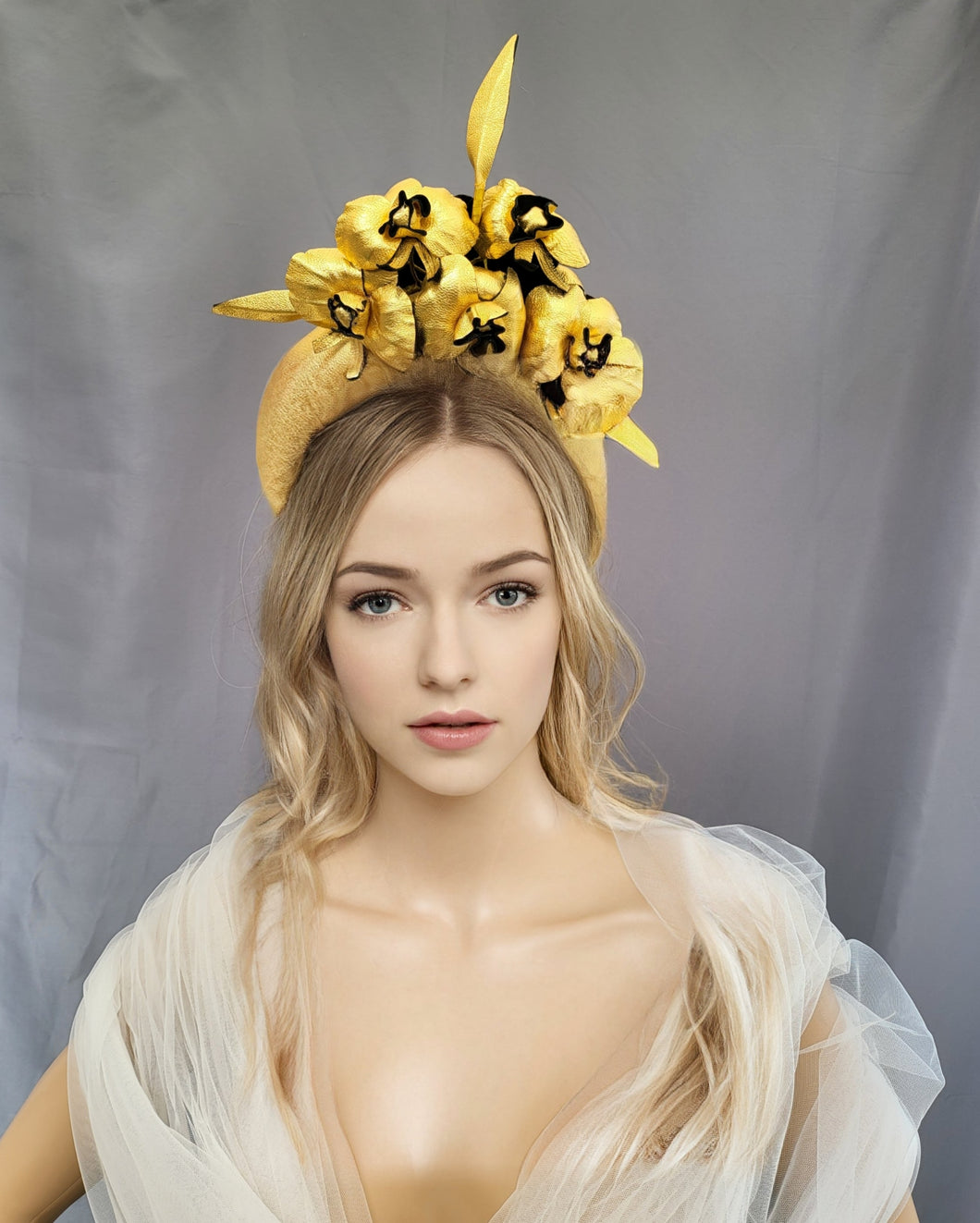 Gold Fascinator, Flower Headpiece, Halo Headband, leather orchids with Black, kentucky derby, mother of the bride