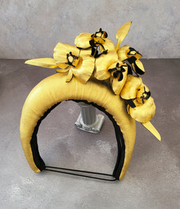 Gold Fascinator, Flower Headpiece, Halo Headband, leather orchids with Black, kentucky derby, mother of the bride