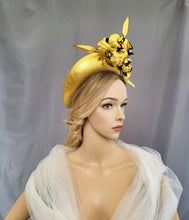 Load image into Gallery viewer, Gold Fascinator, Flower Headpiece, Halo Headband, leather orchids with Black, kentucky derby, mother of the bride