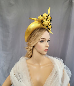 Gold Fascinator, Flower Headpiece, Halo Headband, leather orchids with Black, kentucky derby, mother of the bride