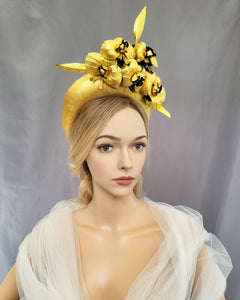 Gold Fascinator, Flower Headpiece, Halo Headband, leather orchids with Black, kentucky derby, mother of the bride