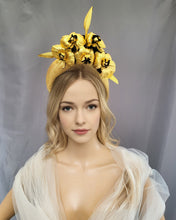 Load image into Gallery viewer, Gold Fascinator, Flower Headpiece, Halo Headband, leather orchids with Black, kentucky derby, mother of the bride