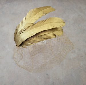 Gold Leaf Fascinator, Leather Headpiece,Blusher Veil, Headband, Vine hatinator, kentucky derby, Greek Goddess