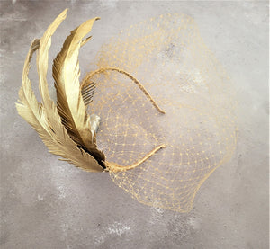 Gold Leaf Fascinator, Leather Headpiece,Blusher Veil, Headband, Vine hatinator, kentucky derby, Greek Goddess