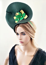 Load image into Gallery viewer, Dark Green Percher Hat, Gold Leather Flower Fascinator,