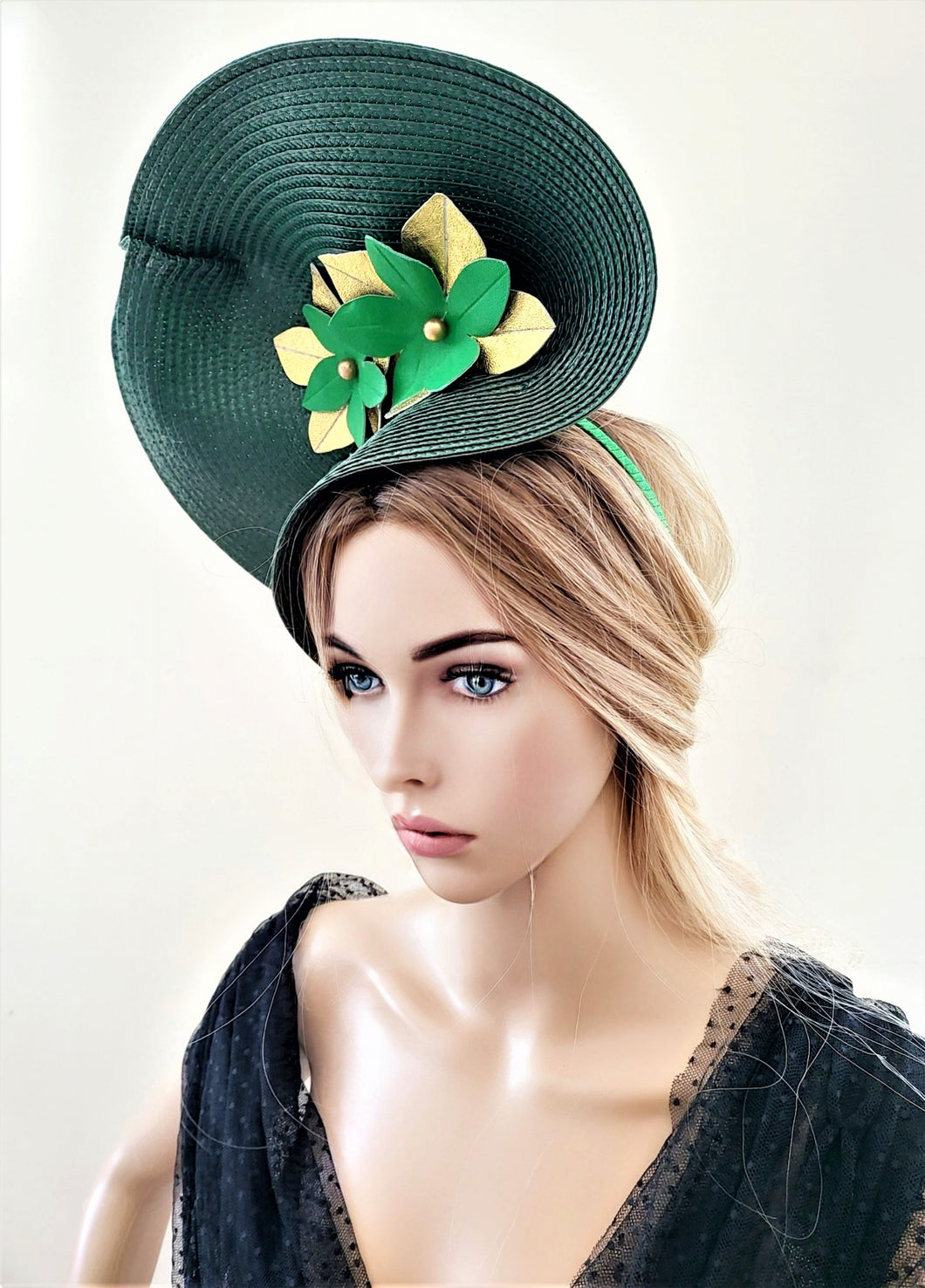 Dark Green Percher Hat, Gold Leather Flower Fascinator,