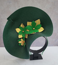 Load image into Gallery viewer, Dark Green Percher Hat, Gold Leather Flower Fascinator,