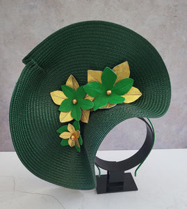 Dark Green Percher Hat, Gold Leather Flower Fascinator,