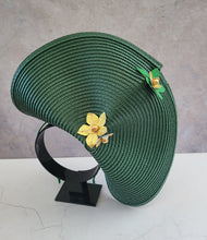 Load image into Gallery viewer, Dark Green Percher Hat, Gold Leather Flower Fascinator,