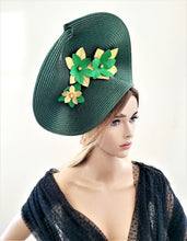 Load image into Gallery viewer, Dark Green Percher Hat, Gold Leather Flower Fascinator,