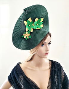 Dark Green Percher Hat, Gold Leather Flower Fascinator,