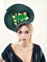 Load image into Gallery viewer, Dark Green Percher Hat, Gold Leather Flower Fascinator,