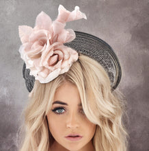 Load image into Gallery viewer, Black Fascinator Headband, Blush Pink Silk Rose Flower, Halo Crown Headpiece, Ascot