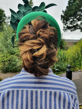 Load image into Gallery viewer, Green Satin Fascinator, Flower Headpiece, Halo Headband, Tall Padded Hair band, leather orchids,
