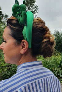 Green Satin Fascinator, Flower Headpiece, Halo Headband, Tall Padded Hair band, leather orchids,