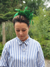 Load image into Gallery viewer, Green Satin Fascinator, Flower Headpiece, Halo Headband, Tall Padded Hair band, leather orchids,