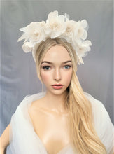 Load image into Gallery viewer, Ivory Fascinator Headband, Ascot Headpiece, Wedding Halo Crown, with Chiffon Flowers, Kentucky Derby Fascinator, Ascot hat