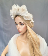 Load image into Gallery viewer, Ivory Fascinator Headband, Ascot Headpiece, Wedding Halo Crown, with Chiffon Flowers, Kentucky Derby Fascinator, Ascot hat