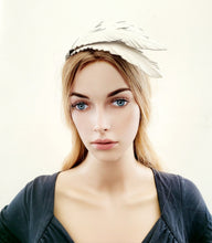 Load image into Gallery viewer, Ivory Feather Design Fascinator, Leather Headpiece, Optional Blusher Veil, Headband,