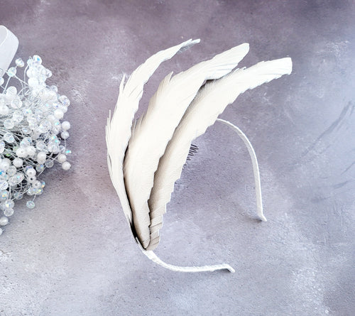 Ivory Feather Design Fascinator, Leather Headpiece, Optional Blusher Veil, Headband,
