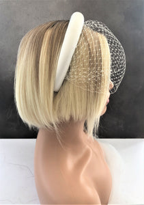 Ivory Satin Bridal Headpiece with Blusher - Nose Length Veil