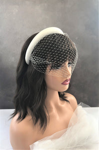 Ivory Satin Bridal Headpiece with Blusher - Nose Length Veil