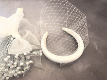 Load image into Gallery viewer, Ivory Satin Bridal Headpiece with Blusher - Nose Length Veil