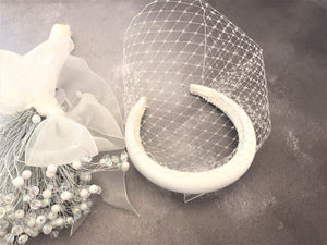 Ivory Satin Bridal Headpiece with Blusher - Nose Length Veil