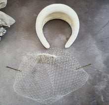 Load image into Gallery viewer, Tall Ivory Velvet Headband, Halo Crown Fascinator, 6.5 cms Wide