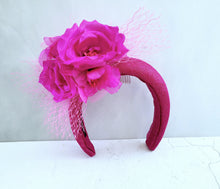 Load image into Gallery viewer, Pink Flower Fascinator Headband, on Sinamay Halo, Lightweight, Races Headpiece,