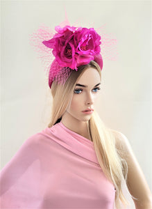 Pink Flower Fascinator Headband, on Sinamay Halo, Lightweight, Races Headpiece,