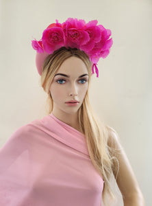 Magenta Pink Flower Headpiece Fascinator, Velvet high padded headband, mother of the bride, halo, crown, Ascot hat