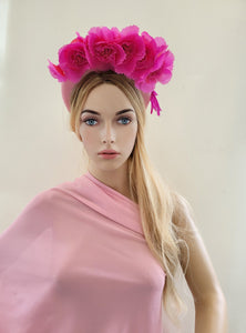 Magenta Pink Flower Headpiece Fascinator, Velvet high padded headband, mother of the bride, halo, crown, Ascot hat