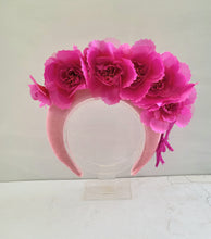 Load image into Gallery viewer, Magenta Pink Flower Headpiece Fascinator, Velvet high padded headband, mother of the bride, halo, crown, Ascot hat