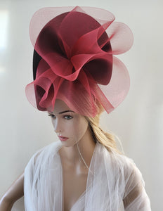 Maroon Red Ruffle Fascinator, Red Percher Hat, Black Free form Saucer